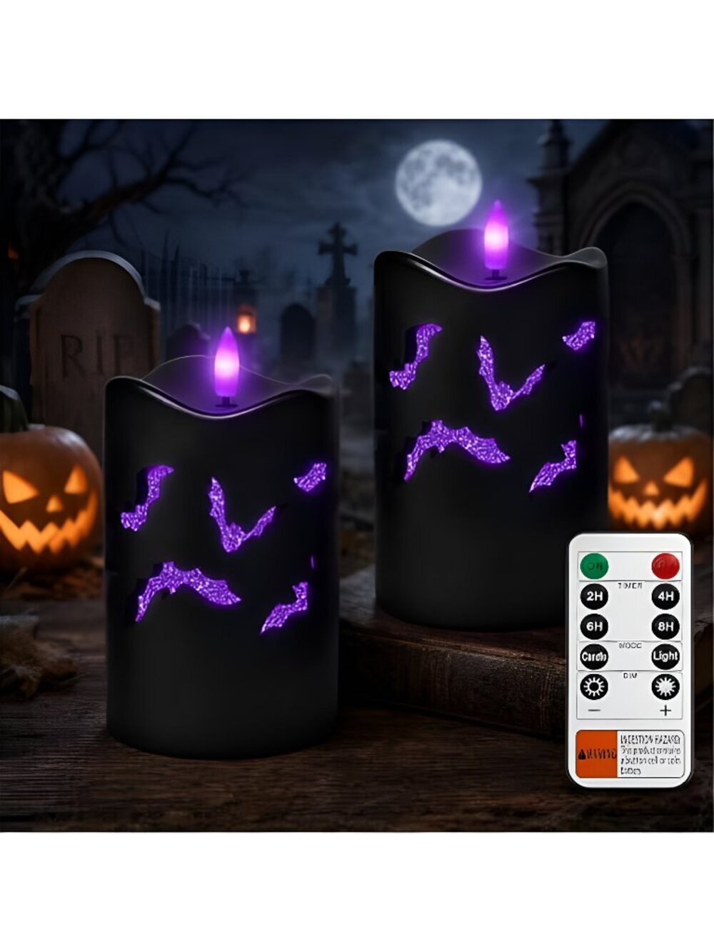 Halloween Flameless Pillar Candles with Bat Cutouts, Remote Control, 2-Pack